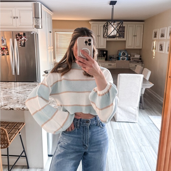 Kittenish Sweaters - KITTENISH Blue Cream Striped Cropped Knit Sweater Women’s Small